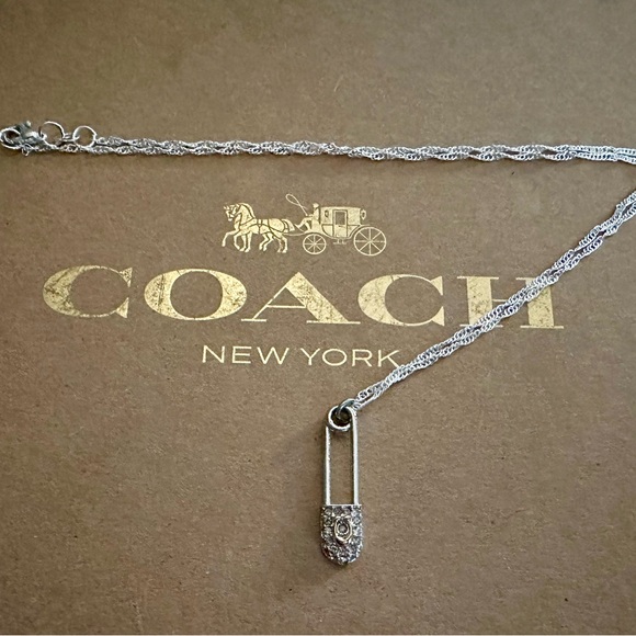 Coach Pave Crystal Signature C Safety Pin Pendant .925 Sterling Silver Necklace - Picture 8 of 8
